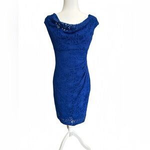 Lauren Ralph Lauren Blue Lace Sheath Dress 6P Petite Ruched bodycon Cocktail